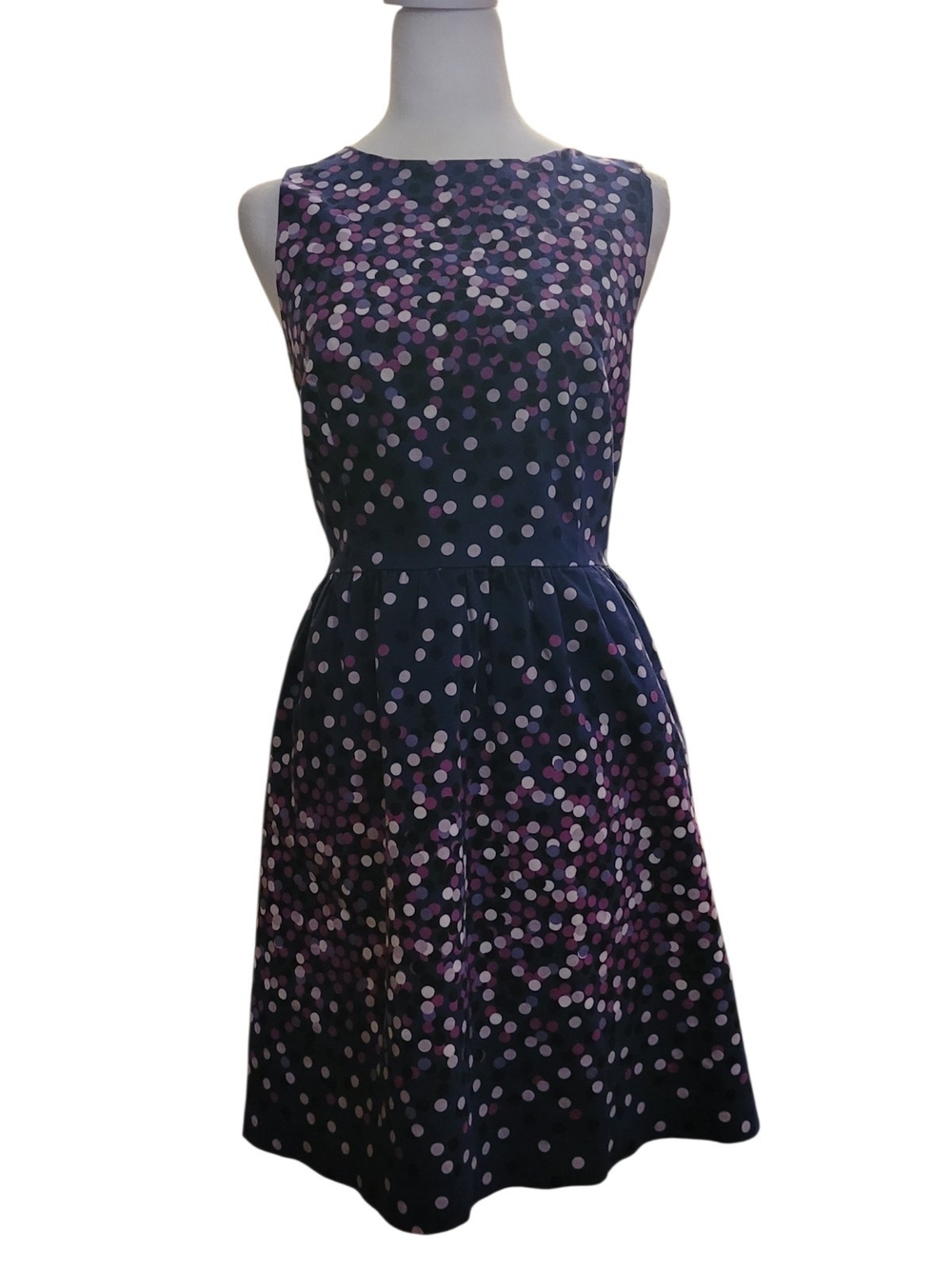 Navy Sleeveless Fit-and-Flare Dress with Lavender Dot Print